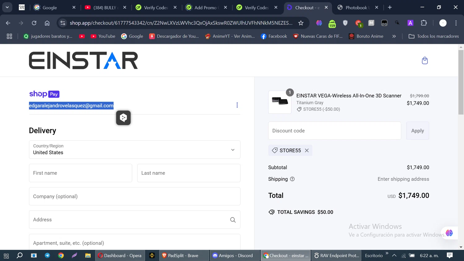 Einstar promo code screenshot showing code store55 applied at Einstar checkout page. Uploaded by SimplyCodes community member TALLER1 on Feb 1, 2025