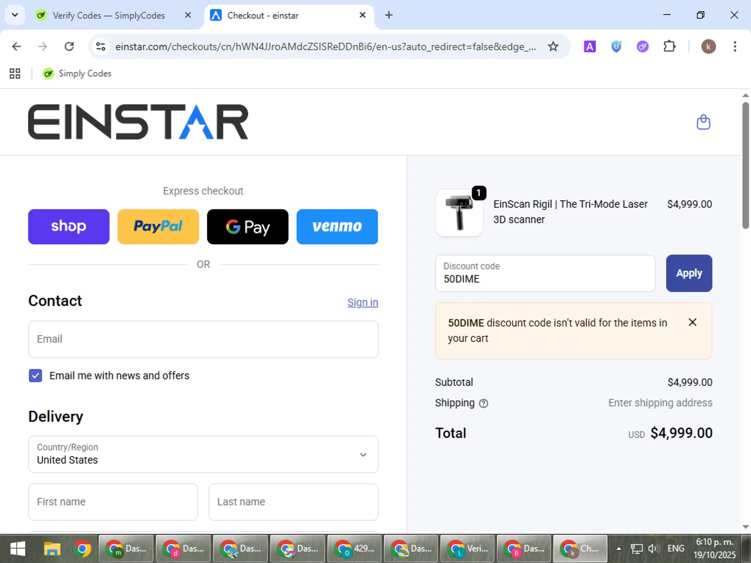 Einstar promo code screenshot showing code 50DIME applied at Einstar checkout page. Uploaded by SimplyCodes community member RewardRanger298 on Oct 19, 2025