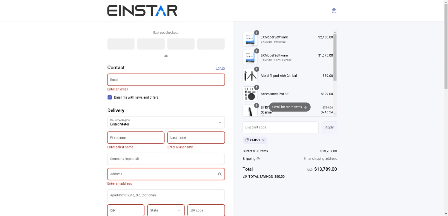 Einstar promo code screenshot showing code CIJI50 applied at Einstar checkout page. Uploaded by SimplyCodes community member VoucherHero1009 on Aug 6, 2025