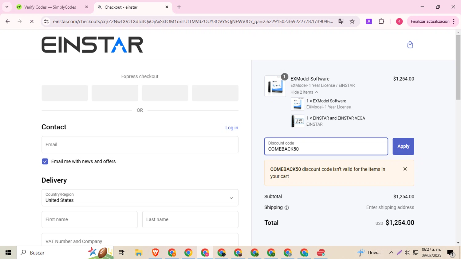 Einstar promo code screenshot showing code COMEBACK50 applied at Einstar checkout page. Uploaded by SimplyCodes community member Haaland on Feb 9, 2025