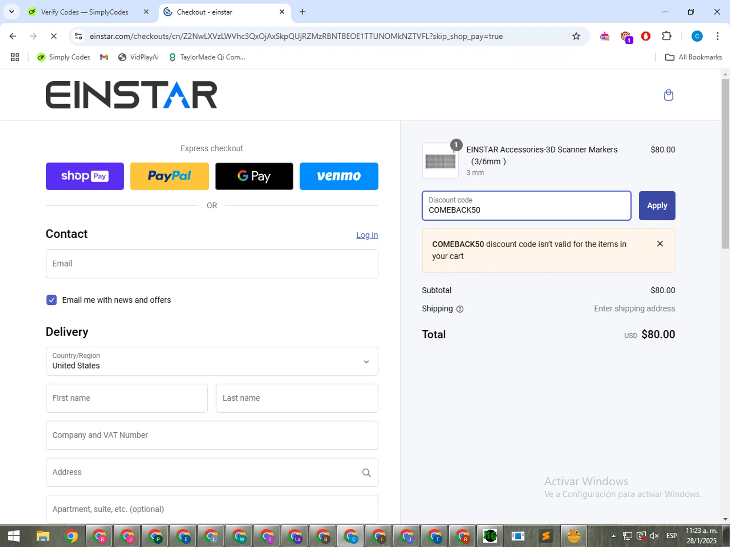Einstar promo code screenshot showing code COMEBACK50 applied at Einstar checkout page. Uploaded by SimplyCodes community member ShrewdWhiz2806 on Jan 28, 2025