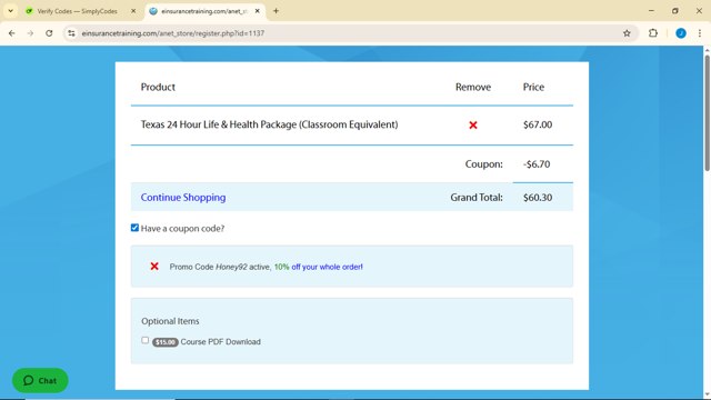 EInsurance Training checkout page showing EInsurance Training coupon code box | Screenshot taken by SimplyCodes community member on Jul 5, 2025