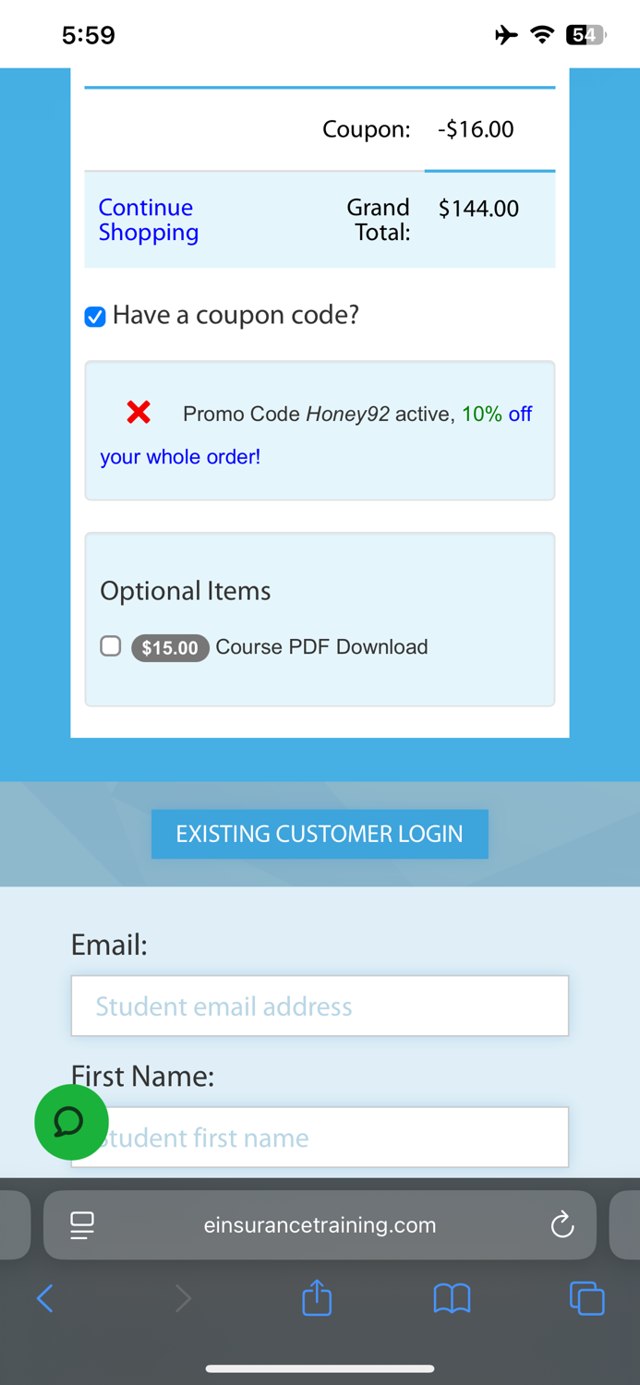 EInsurance Training checkout page showing EInsurance Training coupon code box | Screenshot taken by SimplyCodes community member on Jul 31, 2025