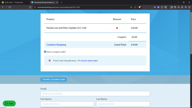 EInsurance Training checkout page showing EInsurance Training coupon code box | Screenshot taken by SimplyCodes community member on Jul 5, 2025