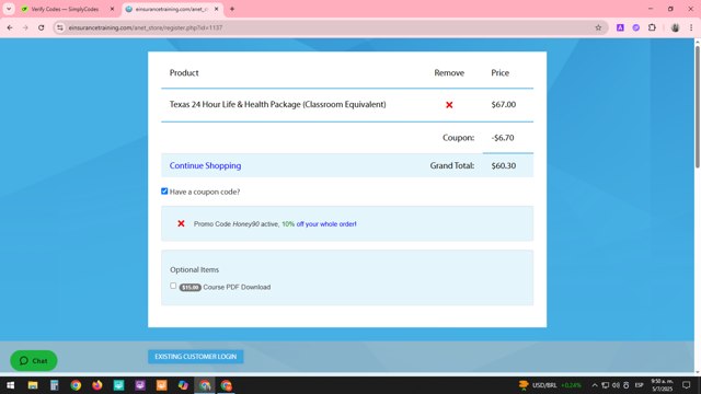 EInsurance Training checkout page showing EInsurance Training coupon code box | Screenshot taken by SimplyCodes community member on Jul 5, 2025