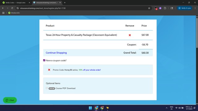 EInsurance Training checkout page showing EInsurance Training coupon code box | Screenshot taken by SimplyCodes community member on Jul 5, 2025
