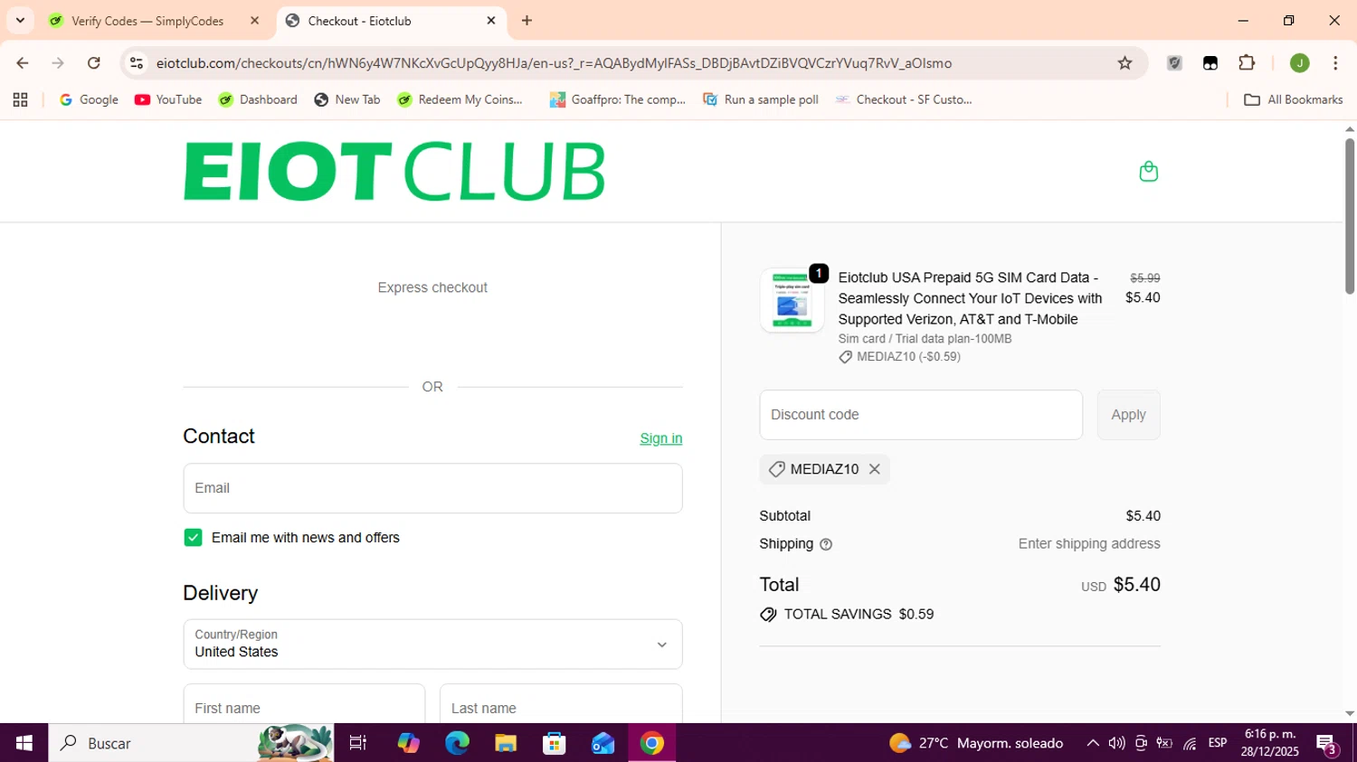 EIOTCLUB discount code screenshot showing code mediaz10 applied at EIOTCLUB checkout page. Uploaded by SimplyCodes community member Sukuna_ on Dec 28, 2025