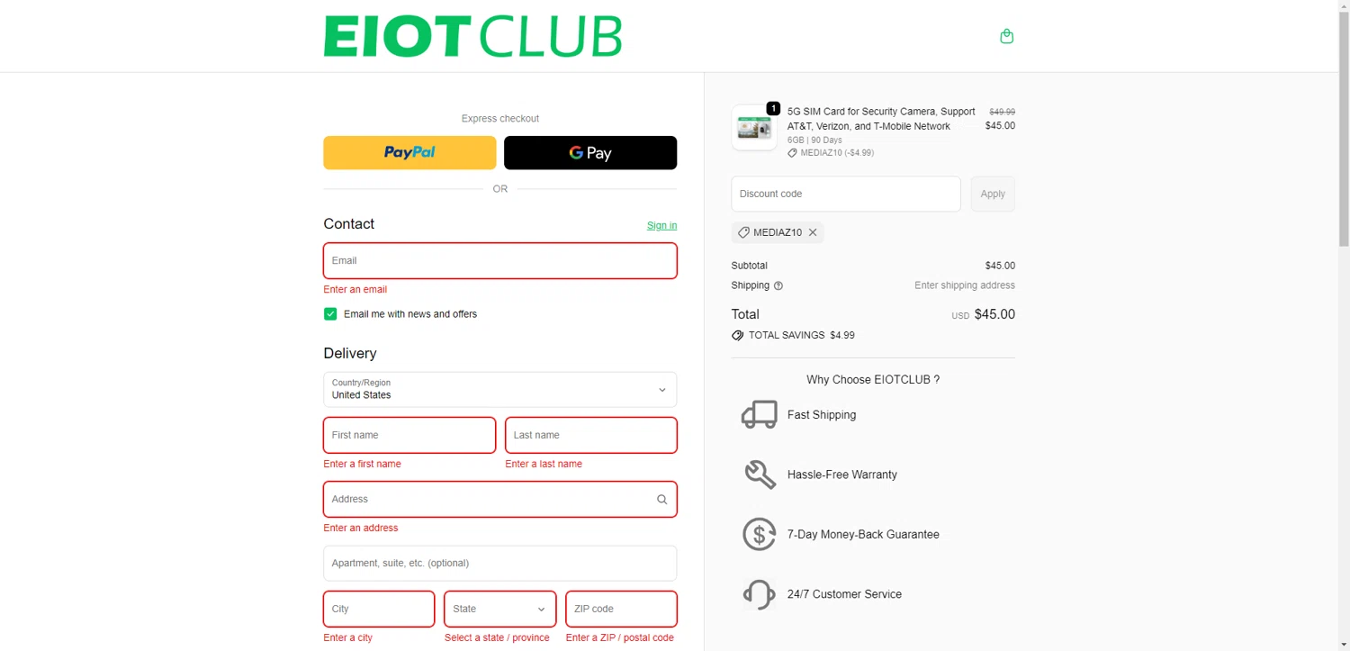 EIOTCLUB discount code screenshot showing code mediaz10 applied at EIOTCLUB checkout page. Uploaded by SimplyCodes community member ValiantAce1810 on Jan 18, 2026