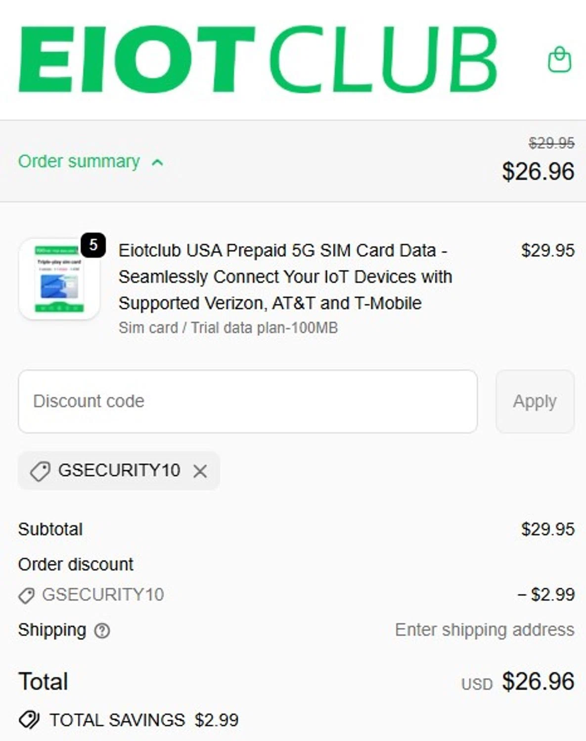 EIOTCLUB discount code screenshot showing code GSECURITY10 applied at EIOTCLUB checkout page. Uploaded by SimplyCodes community member mariroma on Dec 24, 2025