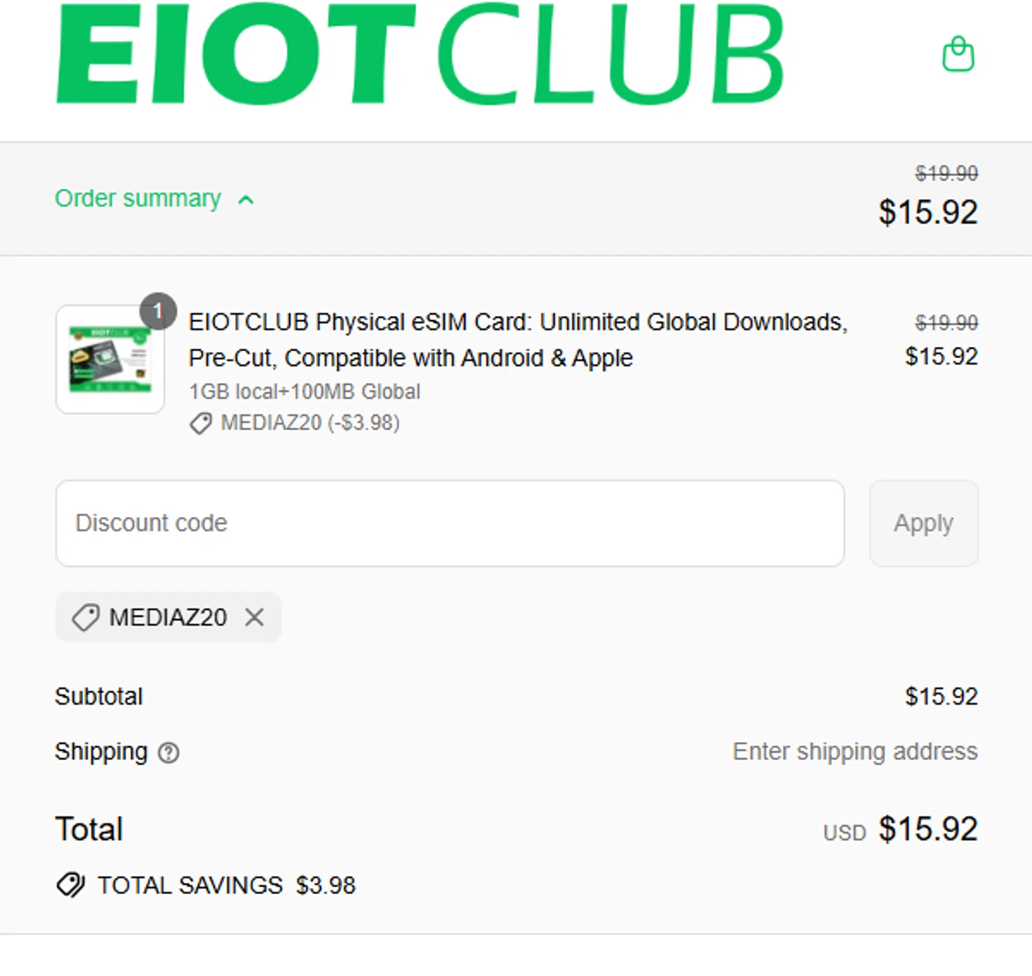 EIOTCLUB discount code screenshot showing code mediaz20 applied at EIOTCLUB checkout page. Uploaded by SimplyCodes community member Pinkicuat on Aug 23, 2025