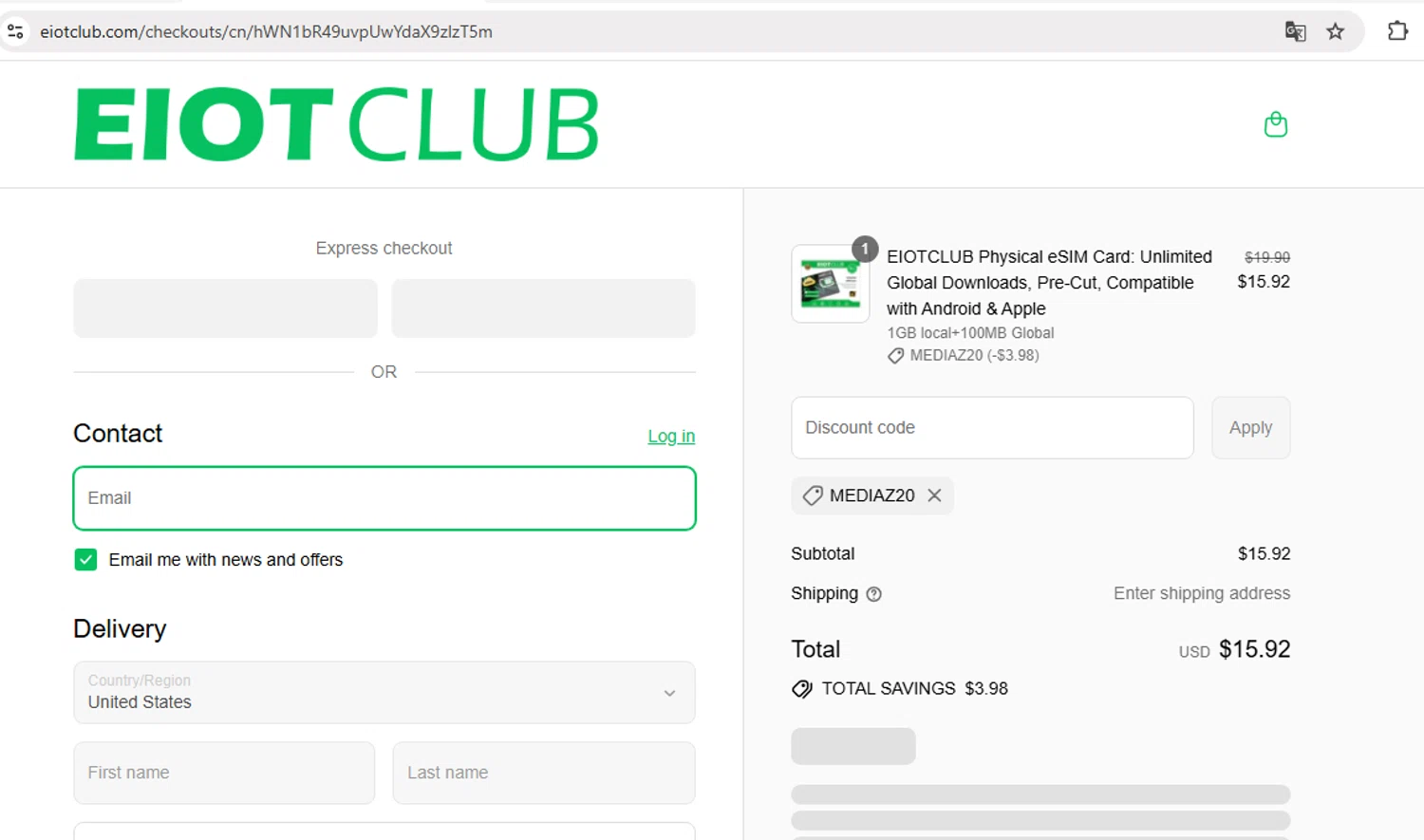 EIOTCLUB discount code screenshot showing code mediaz20 applied at EIOTCLUB checkout page. Uploaded by SimplyCodes community member Xiomr78 on Aug 9, 2025