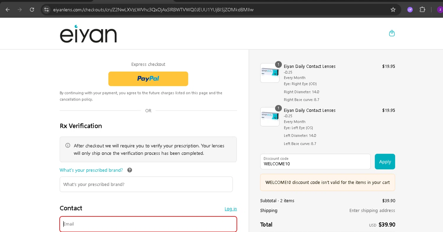 Eiyan Lens promo code screenshot showing code WELCOME10 applied at Eiyan Lens checkout page. Uploaded by SimplyCodes community member BonusPro7395 on May 3, 2025