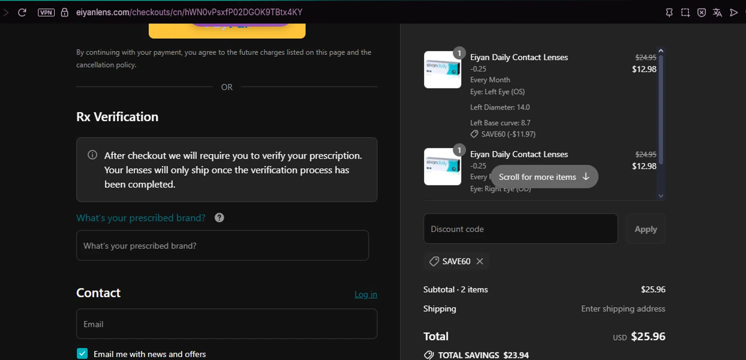 Eiyan Lens promo code screenshot showing code SAVE60 applied at Eiyan Lens checkout page. Uploaded by SimplyCodes community member chepipi on Jul 22, 2025