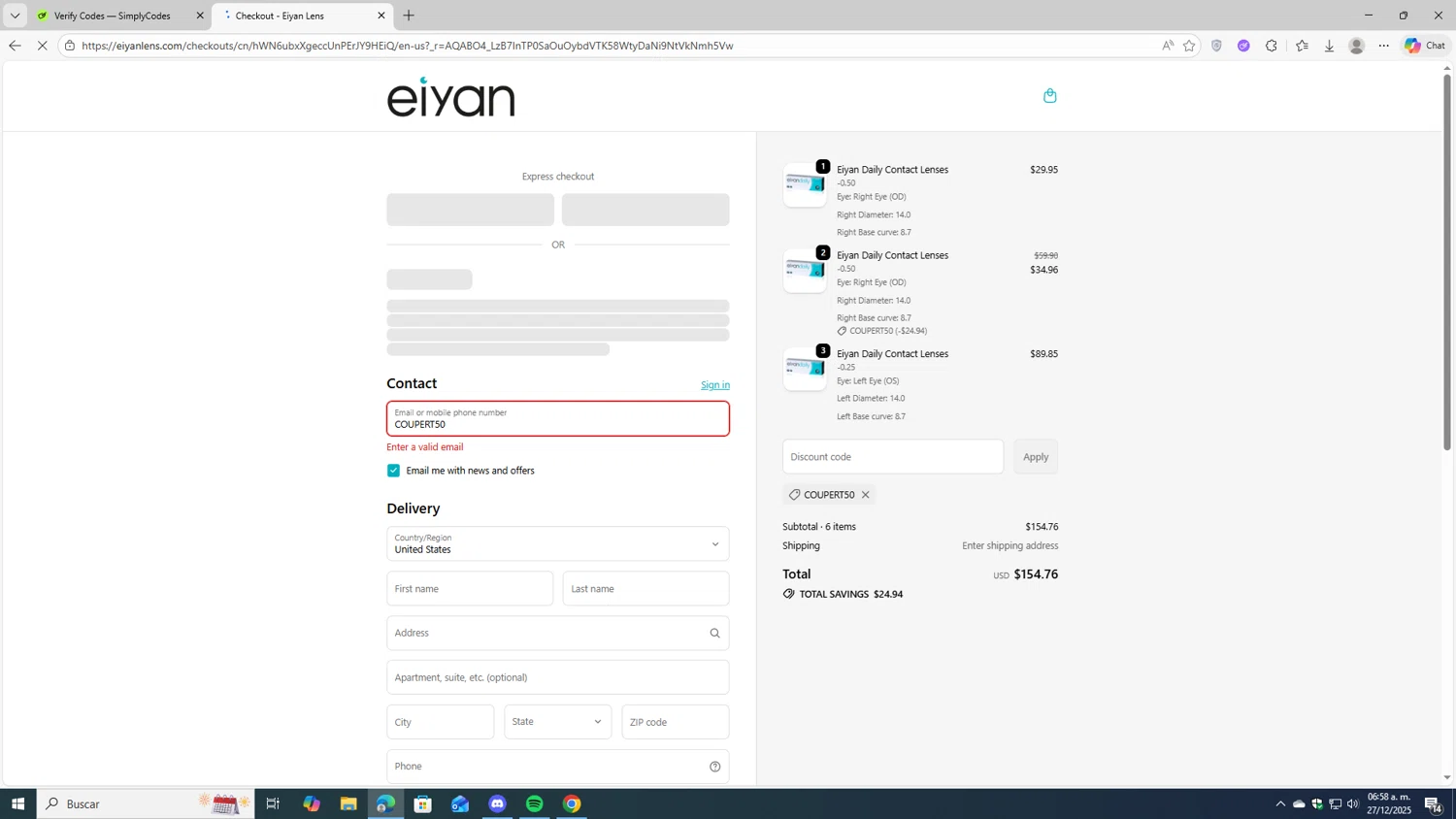 Eiyan Lens promo code screenshot showing code COUPERT50 applied at Eiyan Lens checkout page. Uploaded by SimplyCodes community member fjkdjkldsf on Dec 27, 2025