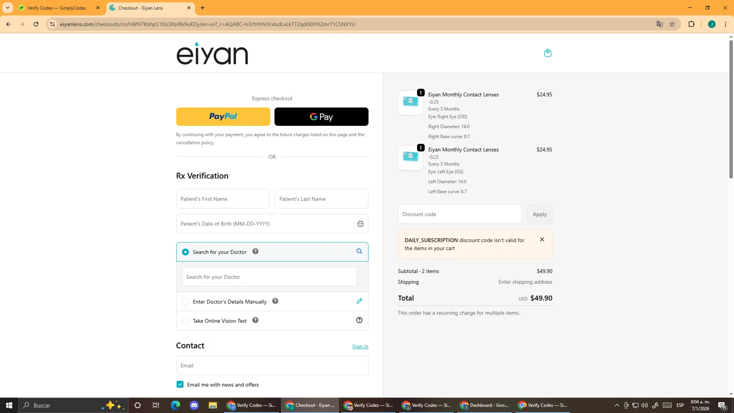 Eiyan Lens checkout page showing Eiyan Lens promo code box | Screenshot taken by SimplyCodes community member on Jan 7, 2026