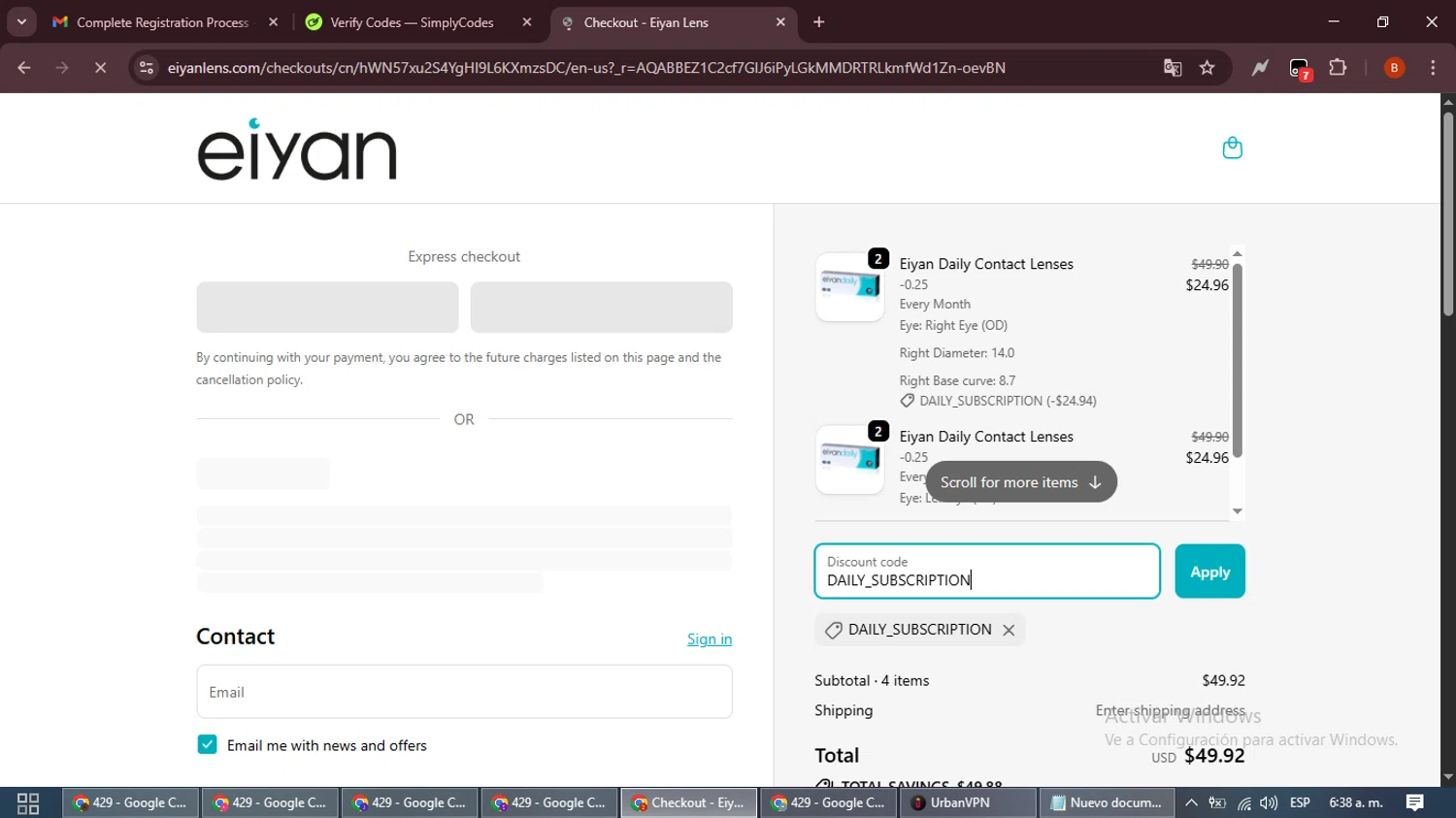 Eiyan Lens promo code screenshot showing code DAILY_SUBSCRIPTION applied at Eiyan Lens checkout page. Uploaded by SimplyCodes community member DiscountExpert6435 on Nov 10, 2025