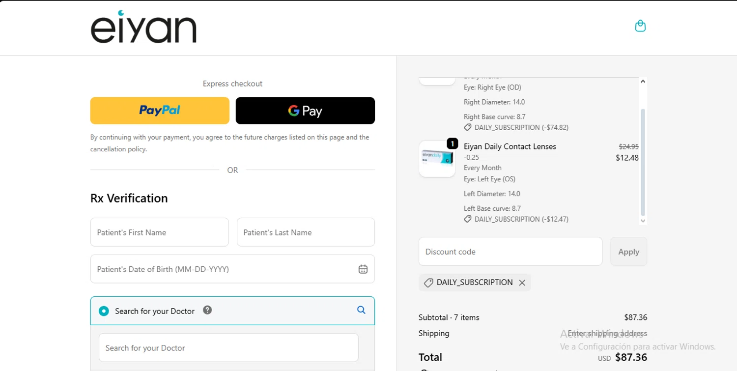 Eiyan Lens promo code screenshot showing code DAILY_SUBSCRIPTION applied at Eiyan Lens checkout page. Uploaded by SimplyCodes community member CodeEagle1166 on Nov 10, 2025