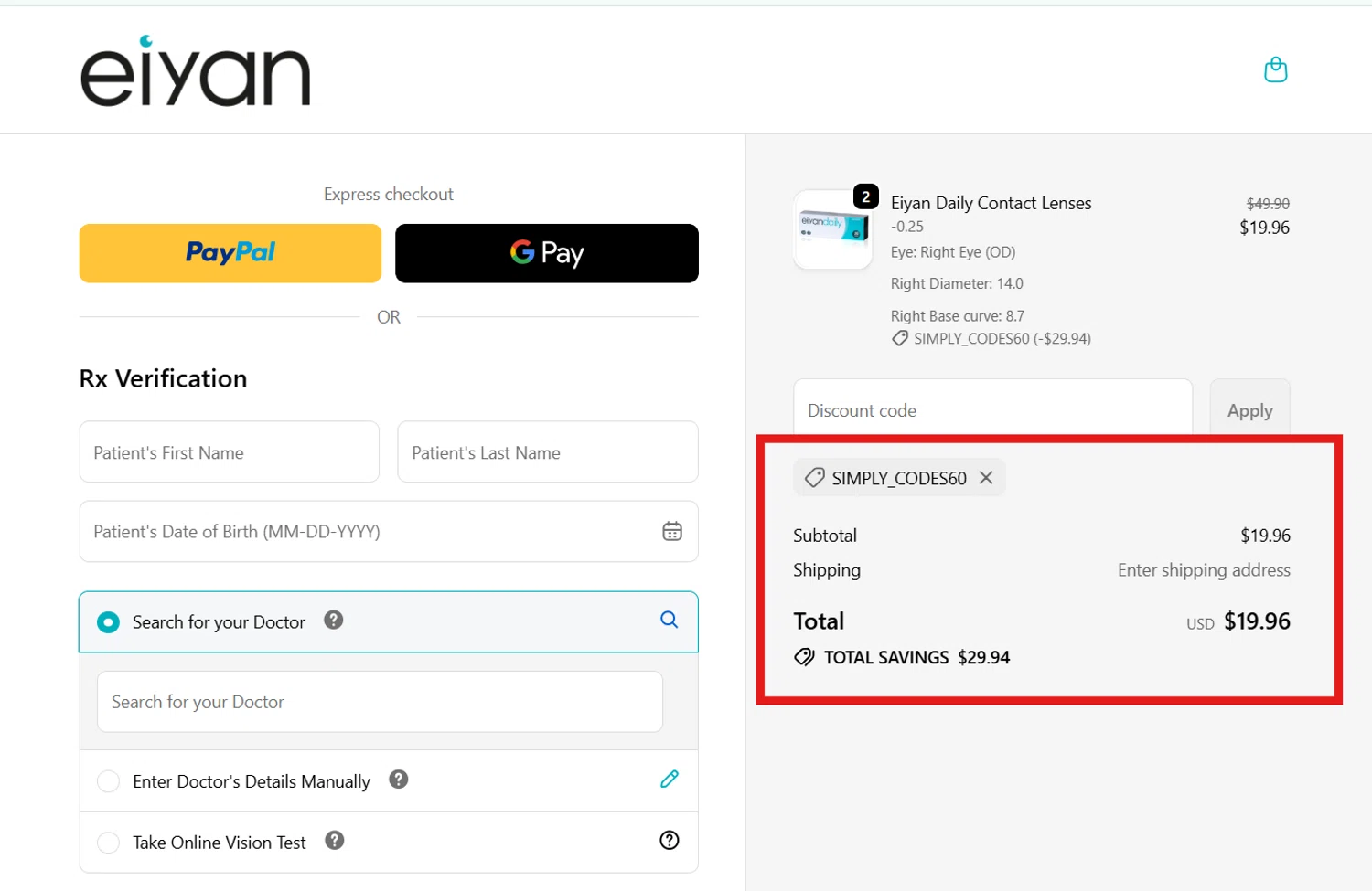 Eiyan Lens promo code screenshot showing code SIMPLY_CODES60 applied at Eiyan Lens checkout page. Uploaded by SimplyCodes community member DiscountCollector3881 on Nov 19, 2025