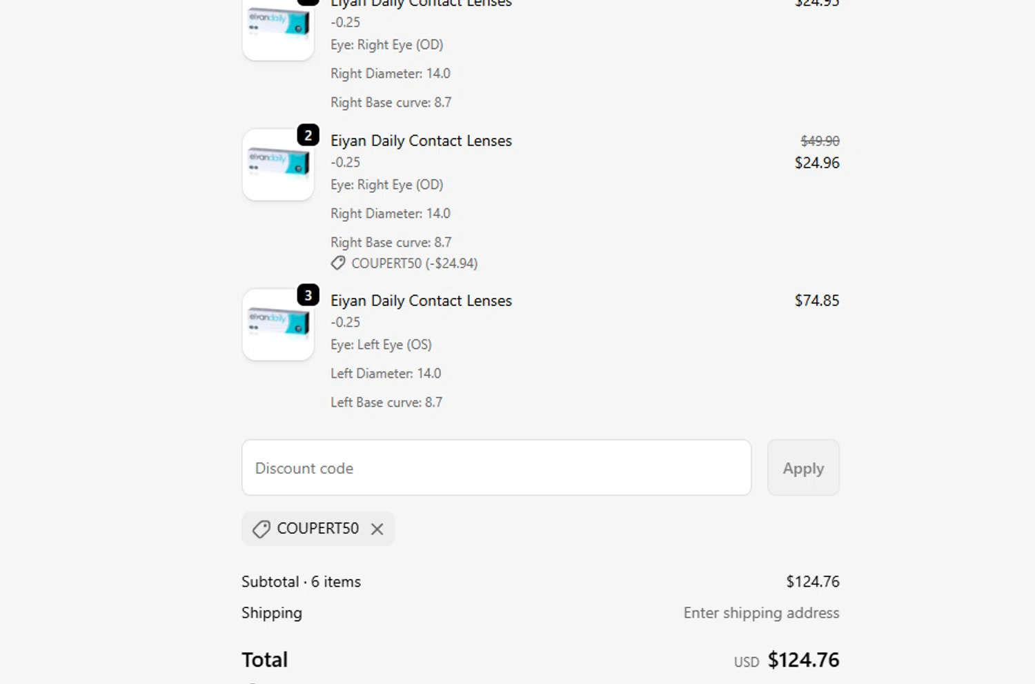 Eiyan Lens promo code screenshot showing code COUPERT50 applied at Eiyan Lens checkout page. Uploaded by SimplyCodes community member ashe1986 on Oct 30, 2025