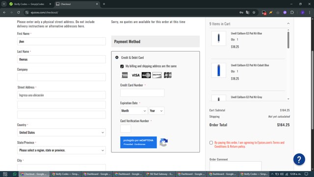 eJuices.com checkout page showing eJuices.com discount code box | Screenshot taken by SimplyCodes community member on May 24, 2025