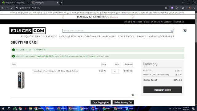 eJuices.com checkout page showing eJuices.com discount code box | Screenshot taken by SimplyCodes community member on Jul 20, 2025