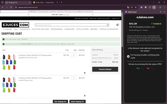 eJuices.com checkout page showing eJuices.com discount code box | Screenshot taken by SimplyCodes community member on Aug 18, 2025