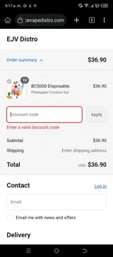 EJuice Vape Distro coupon verification screenshot