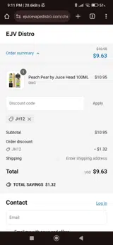 EJuice Vape Distro coupon verification screenshot
