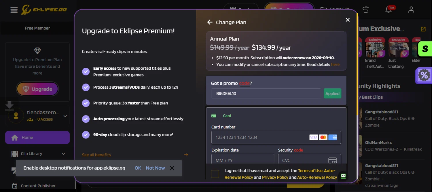 Eklipse promo code screenshot showing code BIGDEAL10 applied at Eklipse checkout page. Uploaded by SimplyCodes community member 111111 on Sep 10, 2025