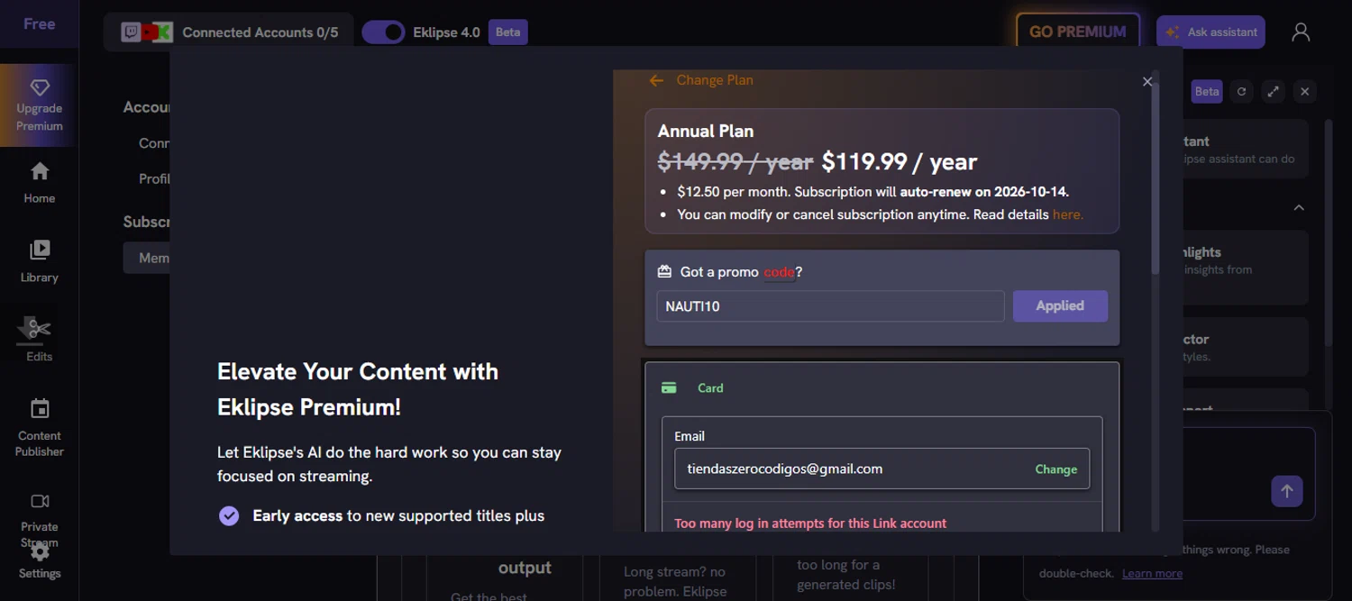 Eklipse promo code screenshot showing code NAUTI10 applied at Eklipse checkout page. Uploaded by SimplyCodes community member 111111 on Oct 15, 2025