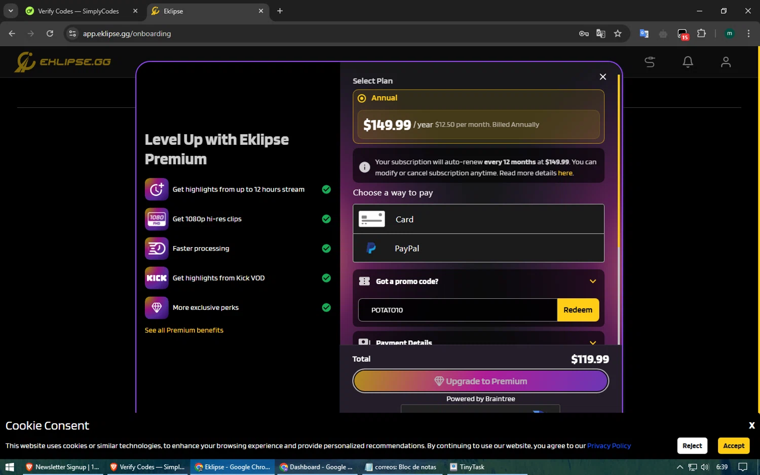 Eklipse checkout page showing Eklipse promo code box | Screenshot taken by SimplyCodes community member on May 3, 2025