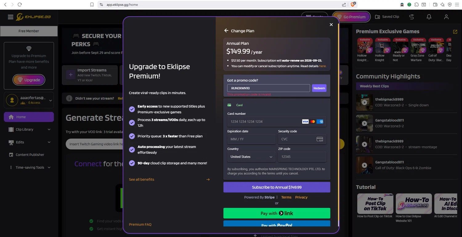 Eklipse promo code screenshot showing code RUNDXWN10 applied at Eklipse checkout page. Uploaded by SimplyCodes community member dayselis15 on Sep 24, 2025