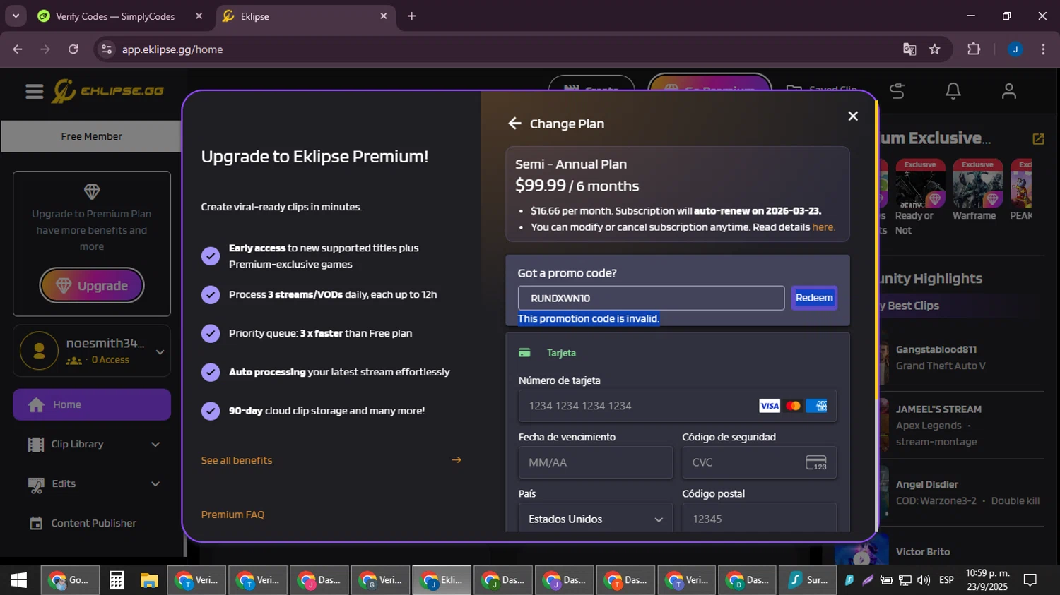 Eklipse promo code screenshot showing code RUNDXWN10 applied at Eklipse checkout page. Uploaded by SimplyCodes community member noesmith34ur on Sep 24, 2025