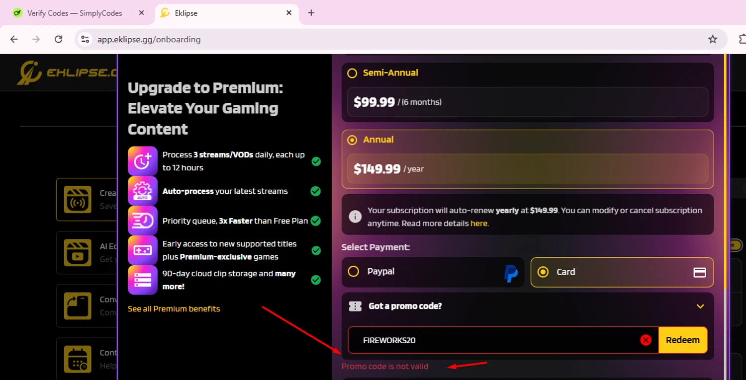 Eklipse promo code screenshot showing code FIREWORKS20 applied at Eklipse checkout page. Uploaded by SimplyCodes community member EnmanuelEDITOR on Jul 30, 2025