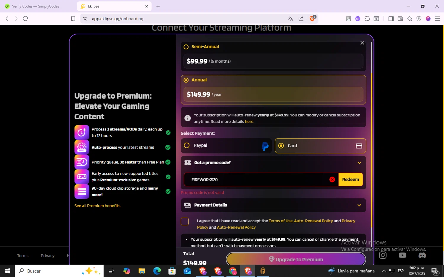 Eklipse promo code screenshot showing code FIREWORKS20 applied at Eklipse checkout page. Uploaded by SimplyCodes community member VoucherSpotter6910 on Jul 30, 2025