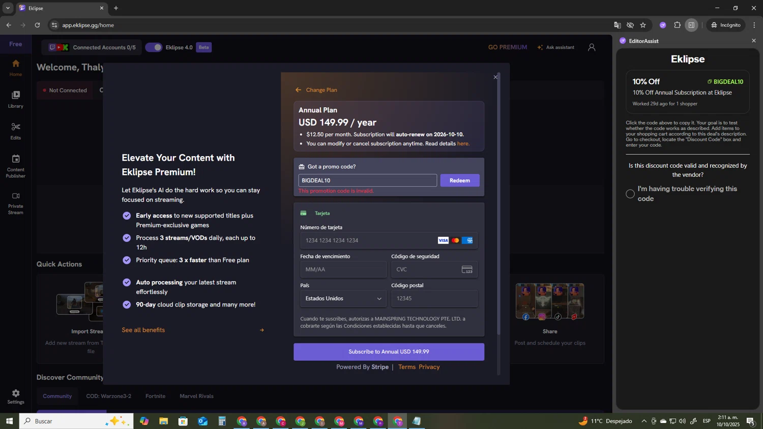 Eklipse promo code screenshot showing code BIGDEAL10 applied at Eklipse checkout page. Uploaded by SimplyCodes community member ShrewdSleuth9497 on Oct 10, 2025