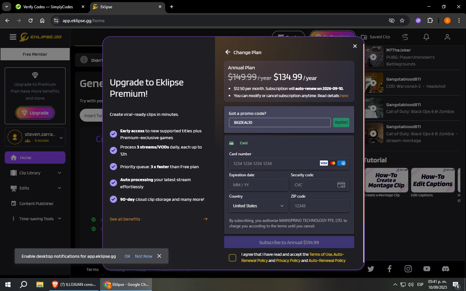 Eklipse promo code screenshot showing code BIGDEAL10 applied at Eklipse checkout page. Uploaded by SimplyCodes community member StevenZarraga on Sep 10, 2025