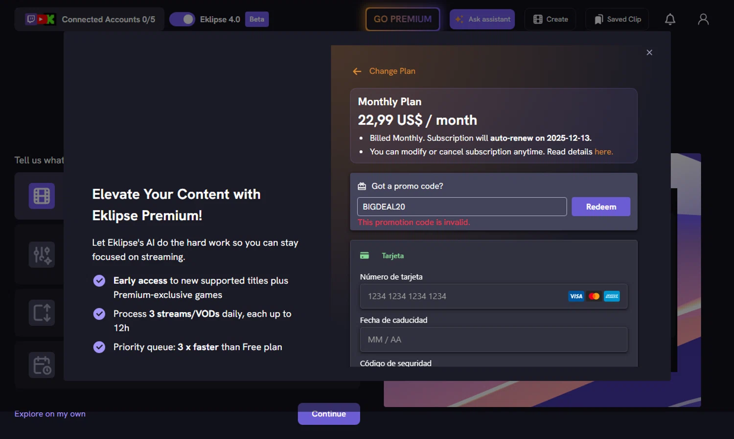 Eklipse promo code screenshot showing code BIGDEAL20 applied at Eklipse checkout page. Uploaded by SimplyCodes community member Moonkey on Nov 13, 2025