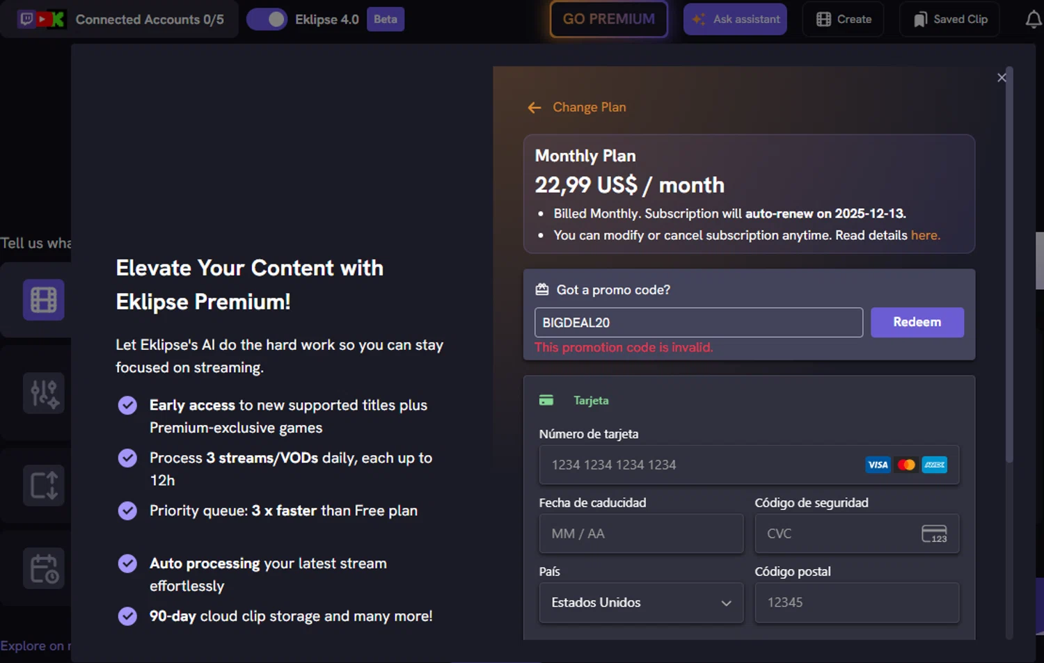 Eklipse promo code screenshot showing code BIGDEAL20 applied at Eklipse checkout page. Uploaded by SimplyCodes community member gaboxnooo on Nov 13, 2025