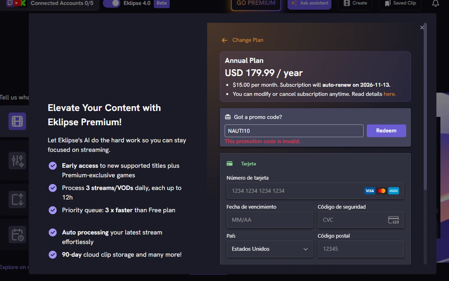 Eklipse promo code screenshot showing code NAUTI10 applied at Eklipse checkout page. Uploaded by SimplyCodes community member Blackmesa on Nov 13, 2025