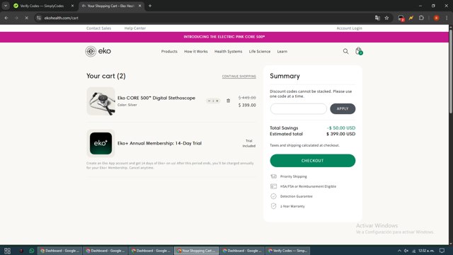 Eko Health checkout page showing Eko Health discount code box | Screenshot taken by SimplyCodes community member on Sep 2, 2025