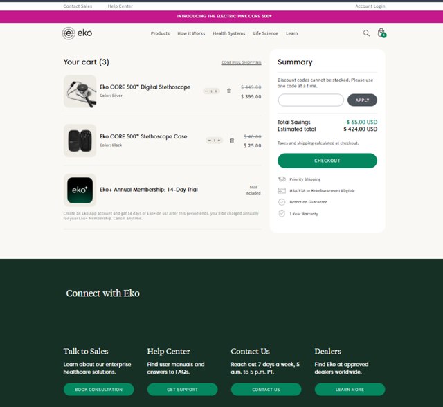 Eko Health checkout page showing Eko Health discount code box | Screenshot taken by SimplyCodes community member on Sep 5, 2025