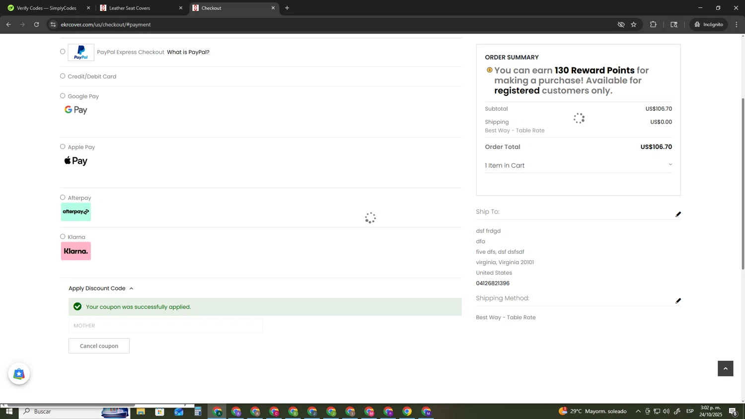 EKRCOVER discount code screenshot showing code MOTHER applied at EKRCOVER checkout page. Uploaded by SimplyCodes community member HAOJIN on Oct 24, 2025