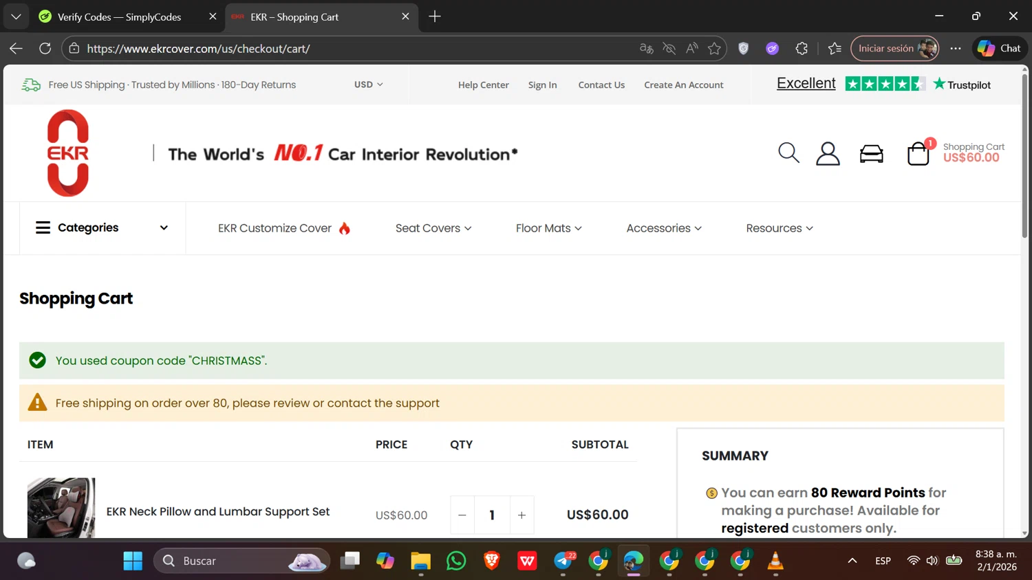 EKRCOVER discount code screenshot showing code CHRISTMASS applied at EKRCOVER checkout page. Uploaded by SimplyCodes community member Toji_fushiguro on Jan 2, 2026