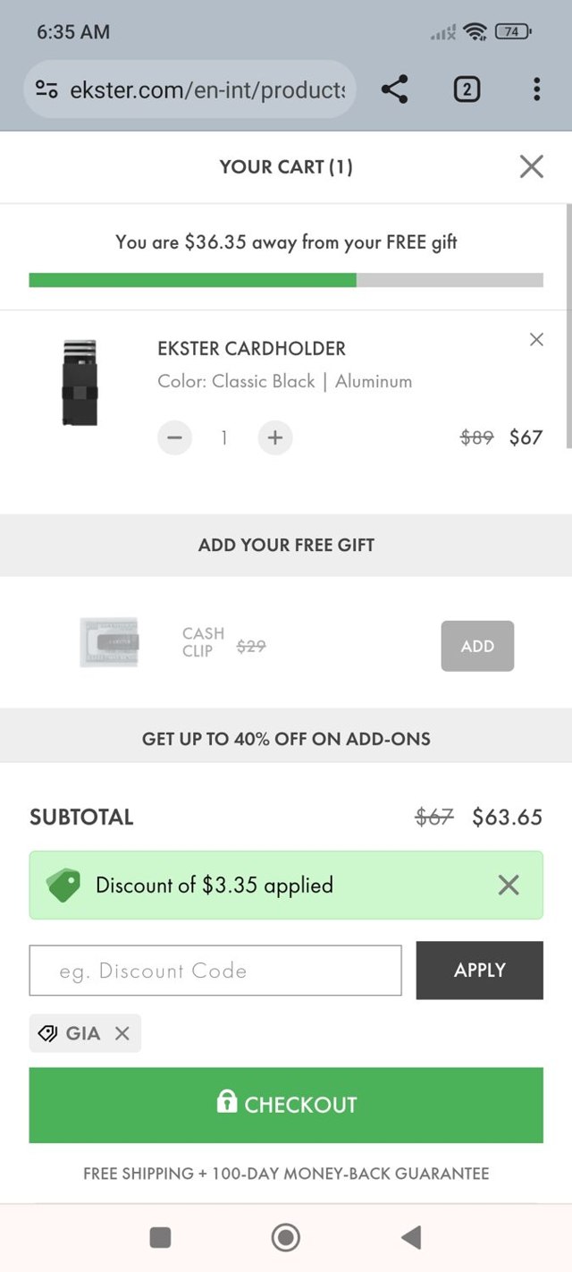 Ekster checkout page showing Ekster discount code box | Screenshot taken by SimplyCodes community member on Aug 28, 2024
