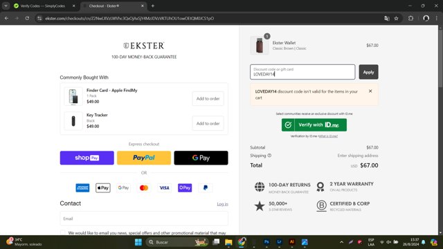 Ekster checkout page showing Ekster discount code box | Screenshot taken by SimplyCodes community member on Aug 26, 2024