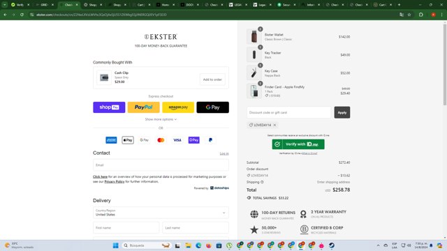 Ekster checkout page showing Ekster discount code box | Screenshot taken by SimplyCodes community member on Aug 14, 2024