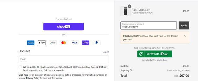 Ekster checkout page showing Ekster discount code box | Screenshot taken by SimplyCodes community member on Aug 26, 2024