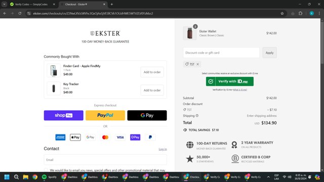 Ekster checkout page showing Ekster discount code box | Screenshot taken by SimplyCodes community member on Aug 16, 2024