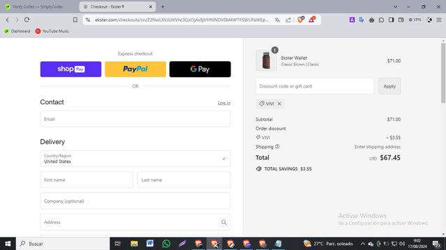 Ekster checkout page showing Ekster discount code box | Screenshot taken by SimplyCodes community member on Aug 17, 2024